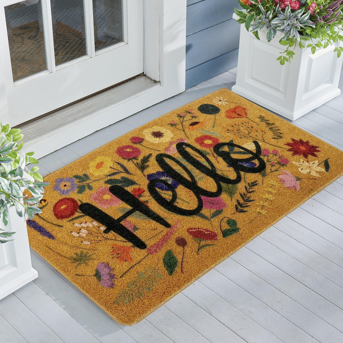 IZUS Floral Welcome Doormat, 17x29 inches, ideal for front doors and outdoor entrances.