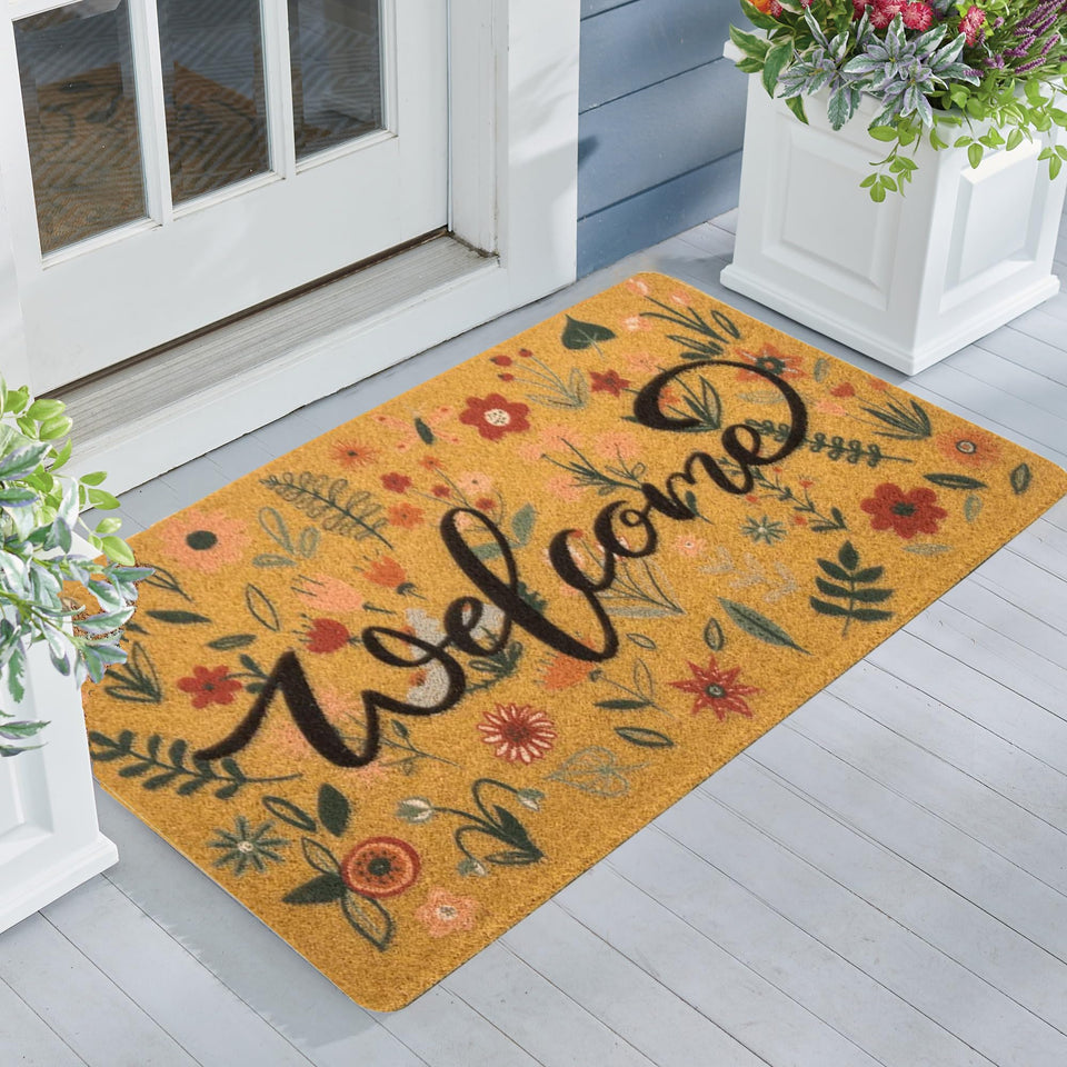 IZUS Floral Welcome Doormat front door with spring flowers, welcoming guests safely