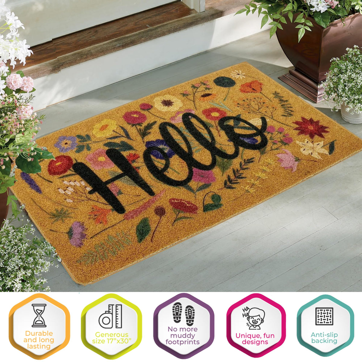 IZUS front door mat suitable for porches and indoor thresholds with seasonal appeal.