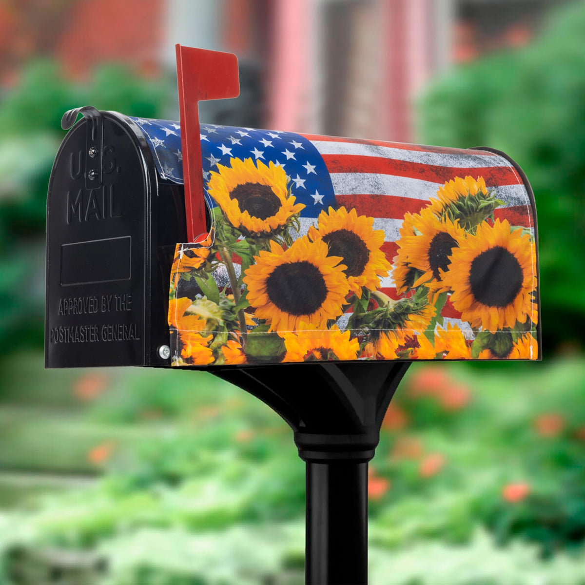 IZUS Patriotic Sunflower Mailbox Cover front view with bold design for curb appeal.