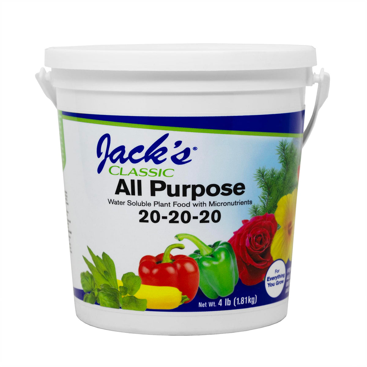 Jack's Classic 20-20-20 fertilizer bag supports general plant growth for indoor and outdoor use.