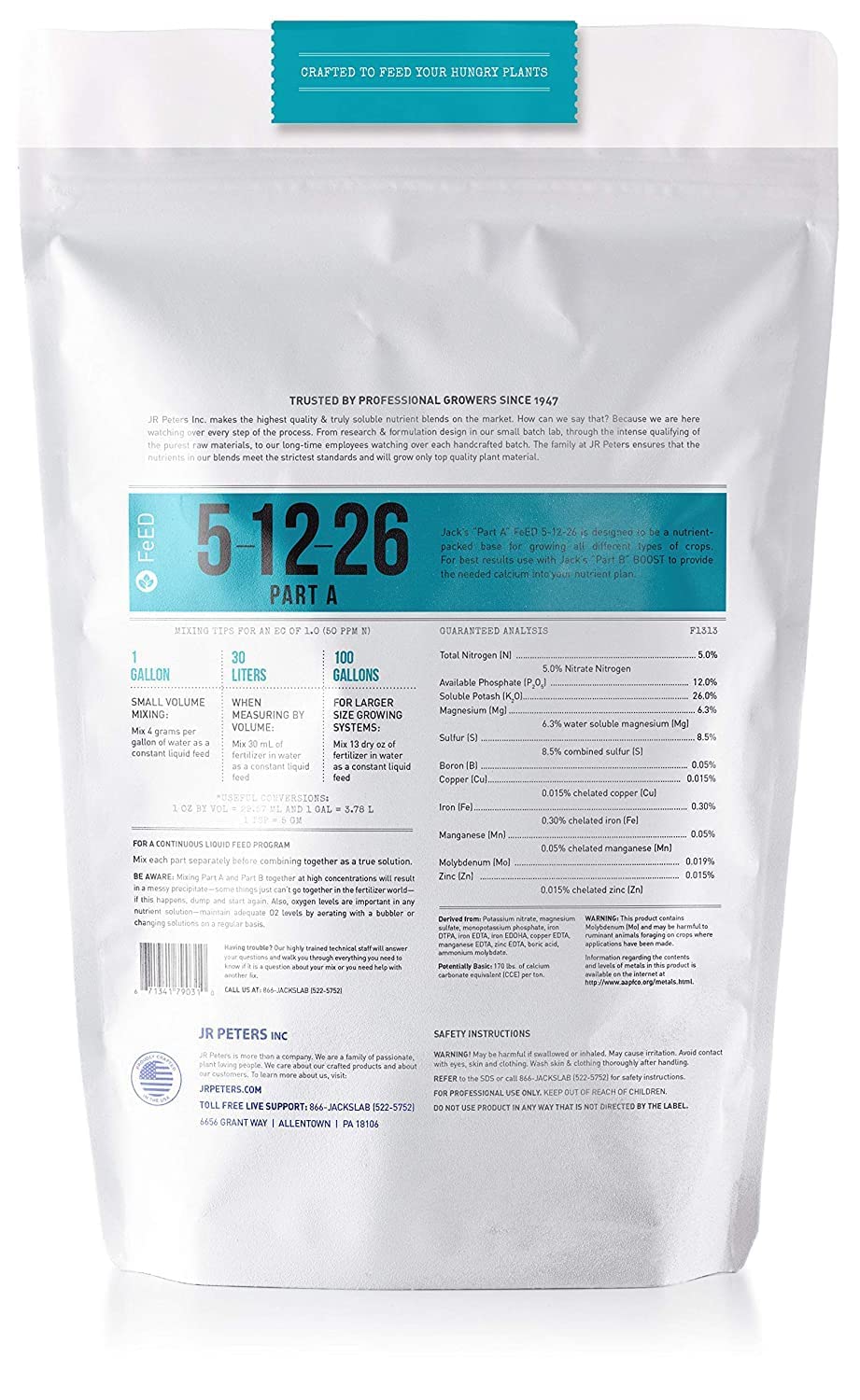 Made in USA label on Jack's Classic fertilizer packaging.