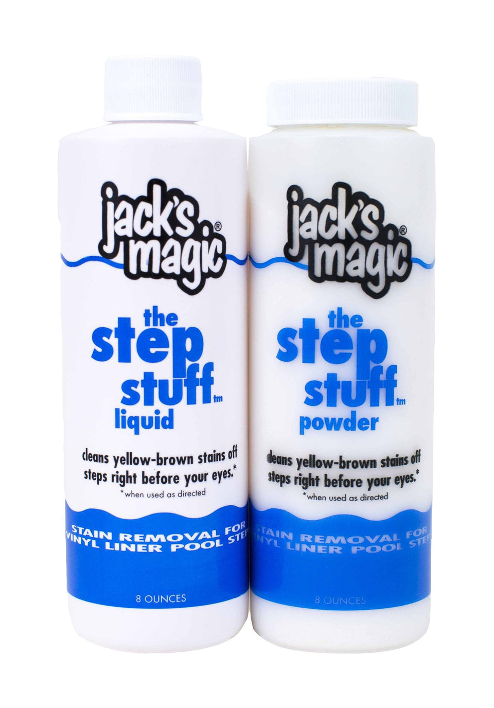 Jack's Magic Step Stuff bottle pour removes yellow-brown stains from pool steps.