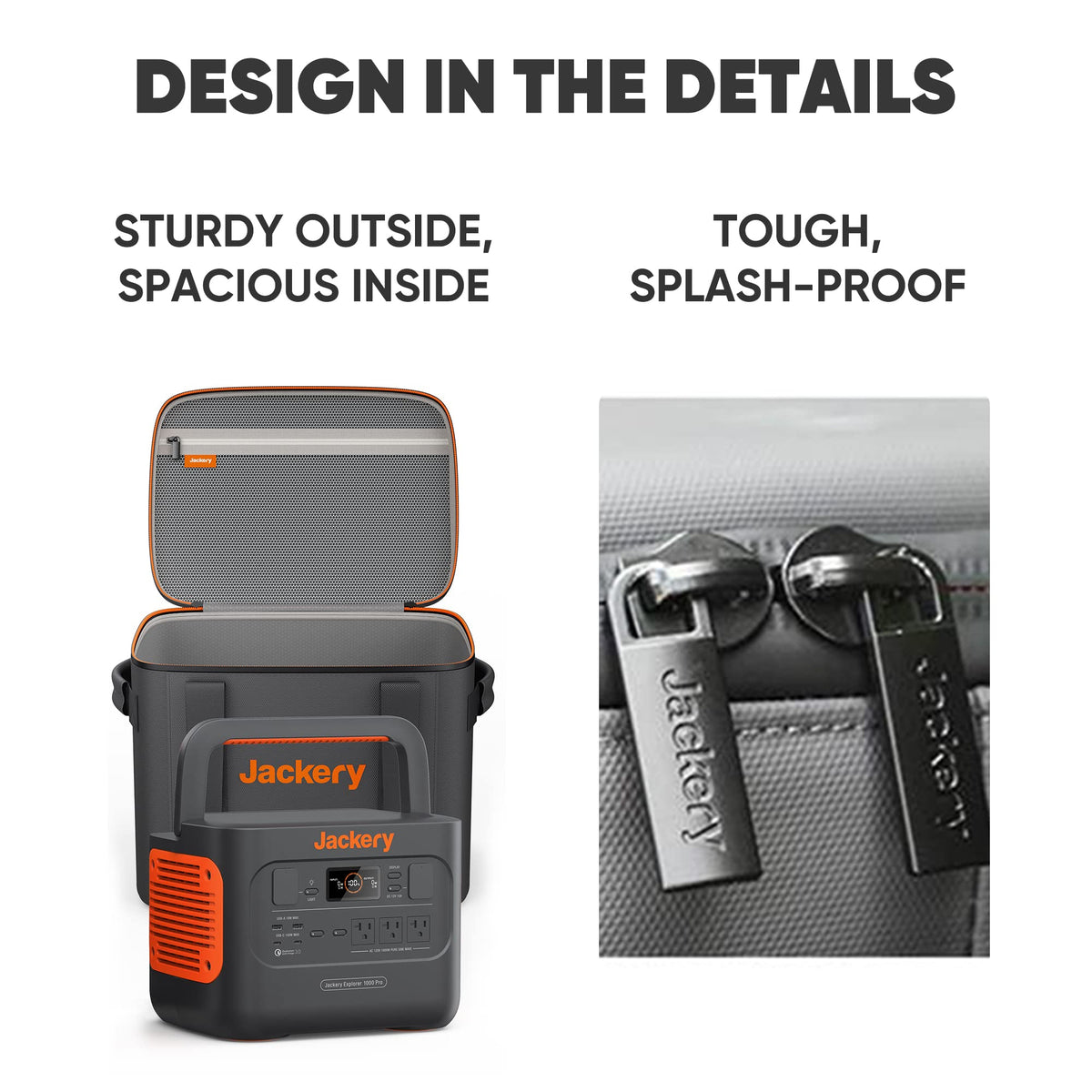 Jackery carrying case bag shows splash-resistant zipper during light rain.