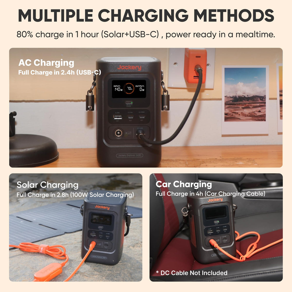 Jackery Explorer 240D solar charging capability for remote trips.