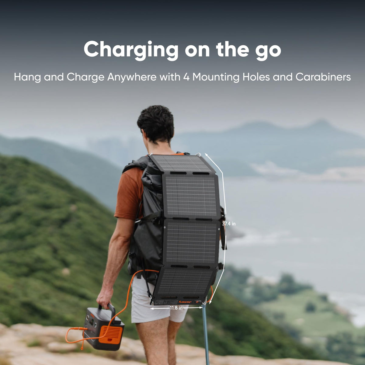 Jackery SolarSaga 40W Air hangs easily on backpacks or tents for hands-free charging