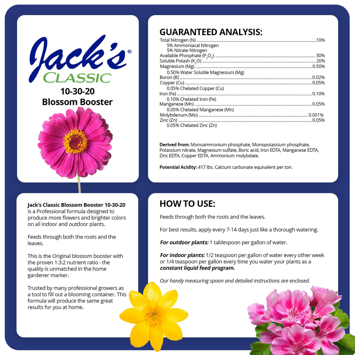 Jack's Classic Blossom Booster packaging highlights versatile foliar and root feeding options