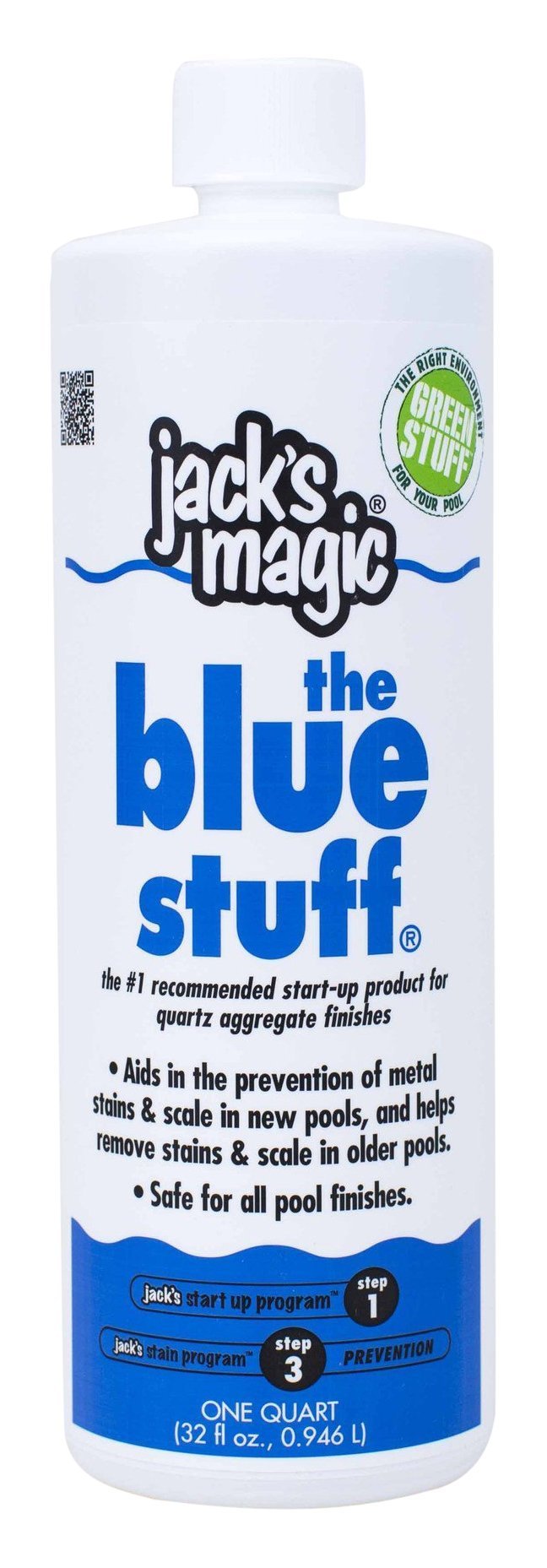 Jack's Magic Blue Stuff bottle pour for copper removal and metal stain prevention in pools.