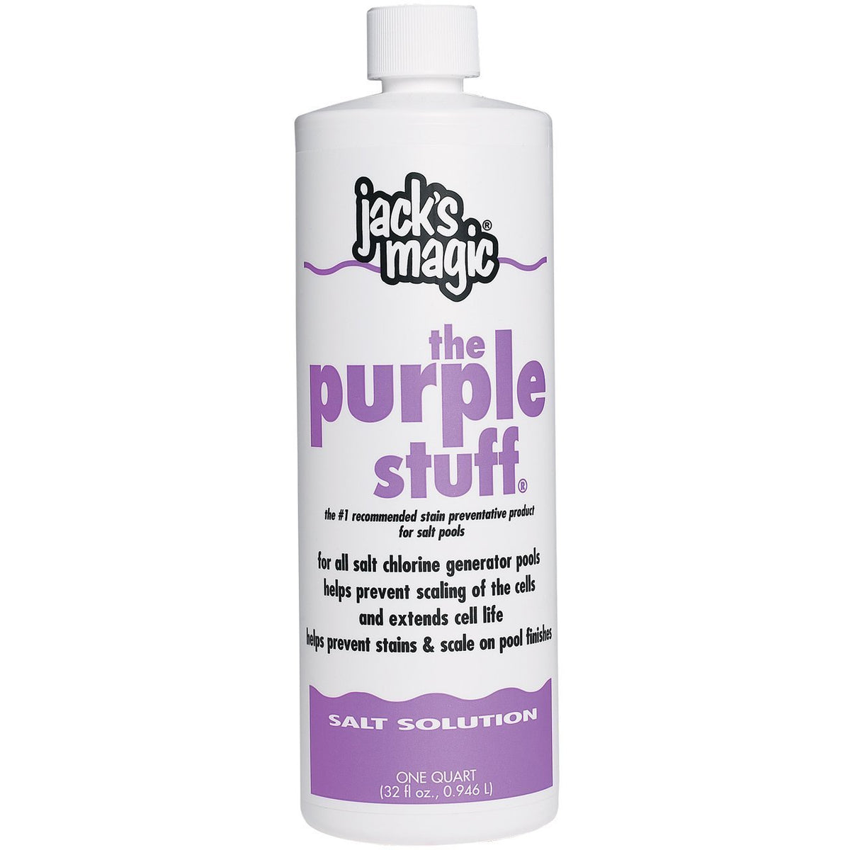 Jack's Magic The Purple Stuff bottle reduces stains and scale in salt pools
