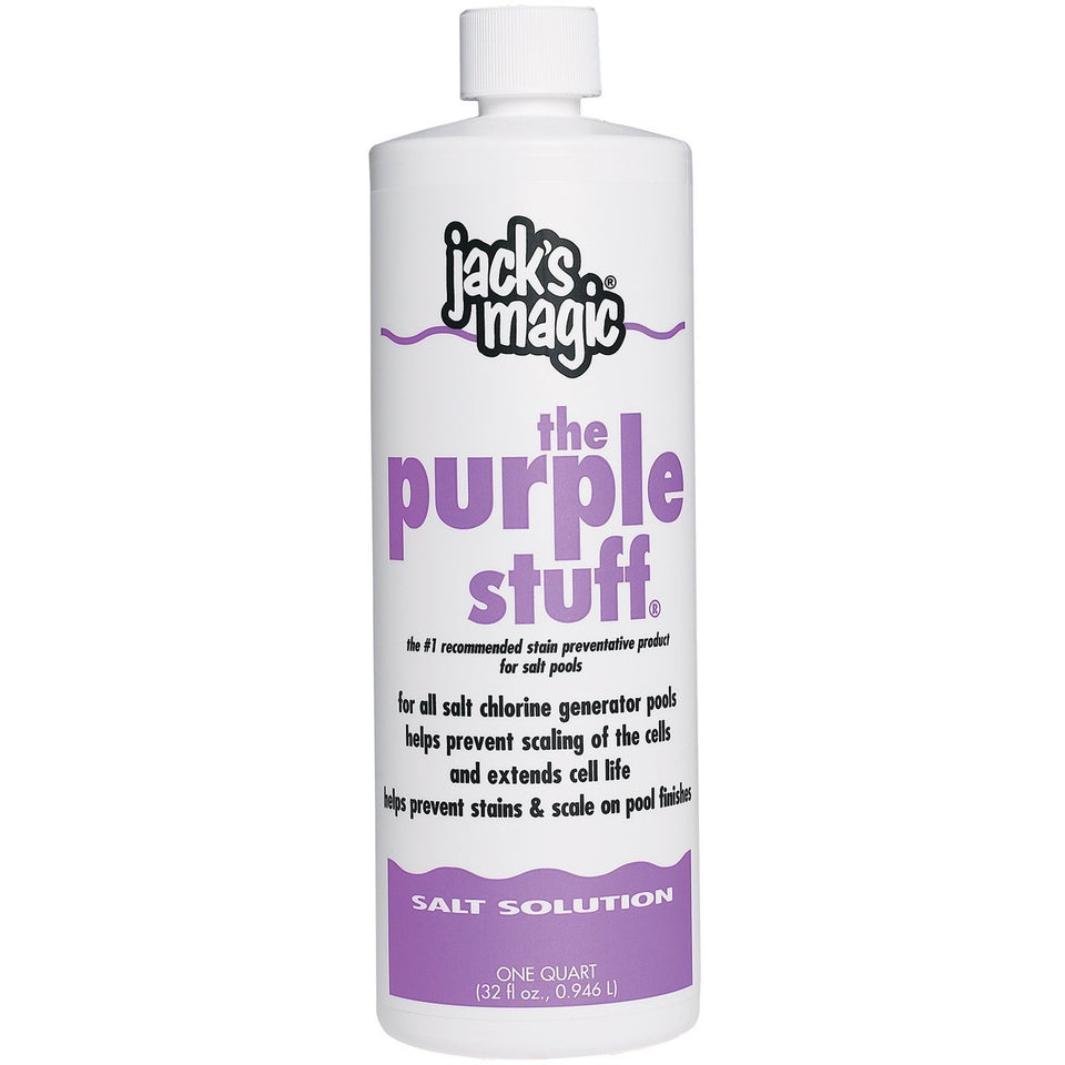 Jack's Magic The Purple Stuff bottle reduces stains and scale in salt pools
