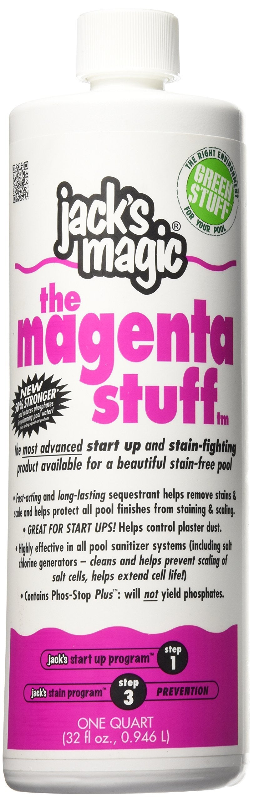 Jack's Magic The Magenta Stuff bottle pour demonstrates easy startup dosing for pools.