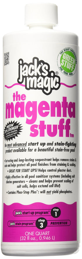 Jack's Magic The Magenta Stuff bottle pour demonstrates easy startup dosing for pools.
