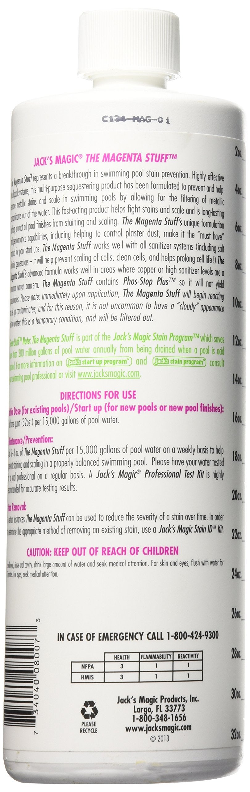 Jack's Magic The Magenta Stuff protects pool finishes from staining and scaling during use.