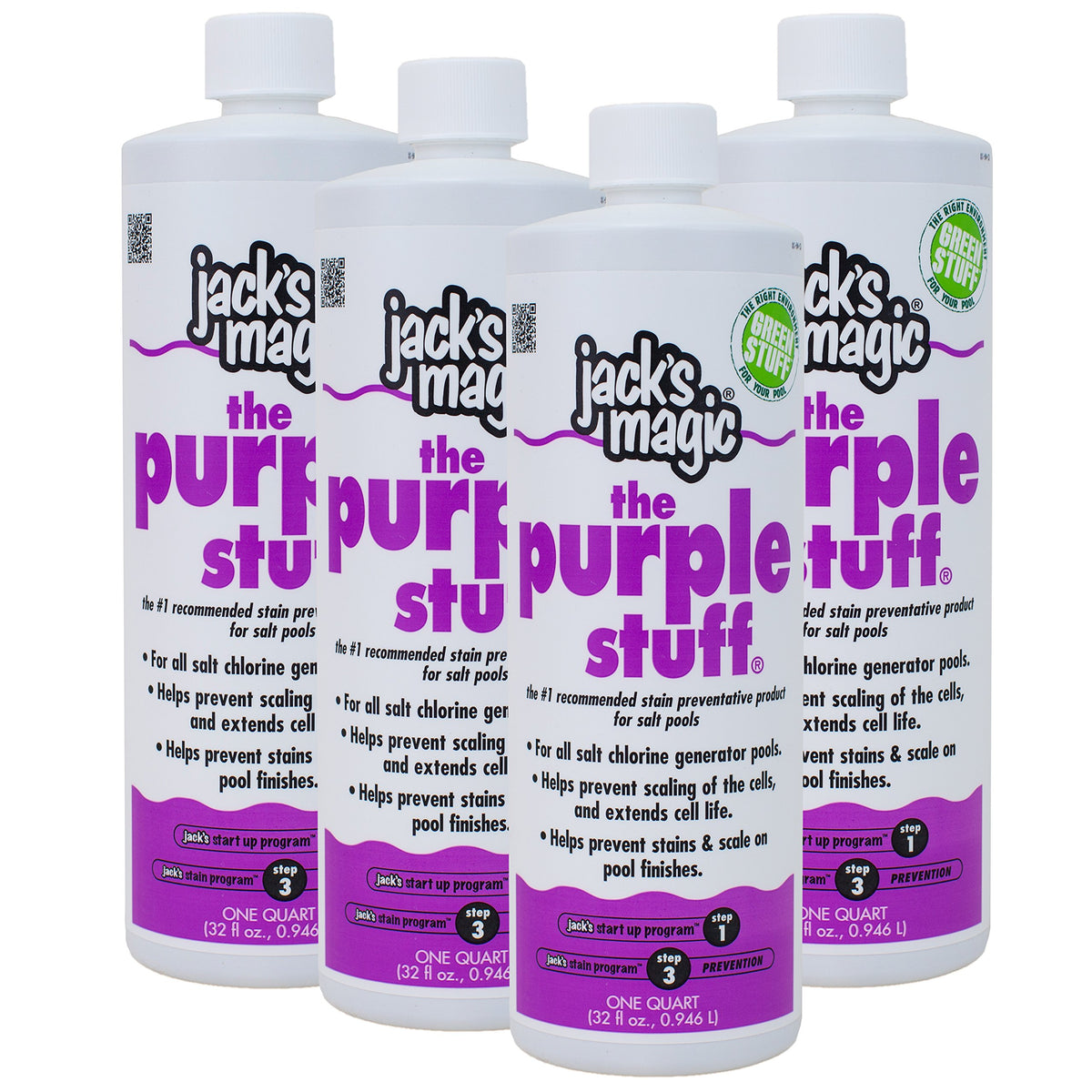Jack's Magic The Purple Stuff 4-pack bottle protects saltwater pools from stains and scale.