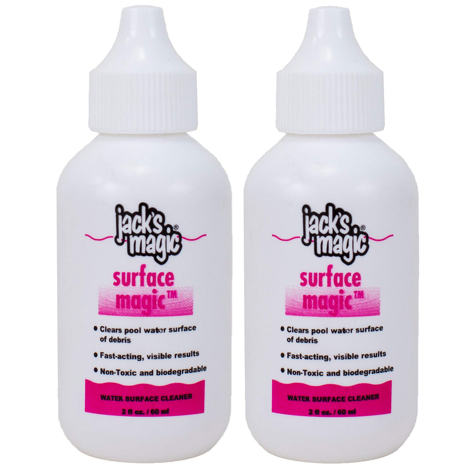Jack's Magic Surface Cleaner bottle pour; quick debris removal in pools.