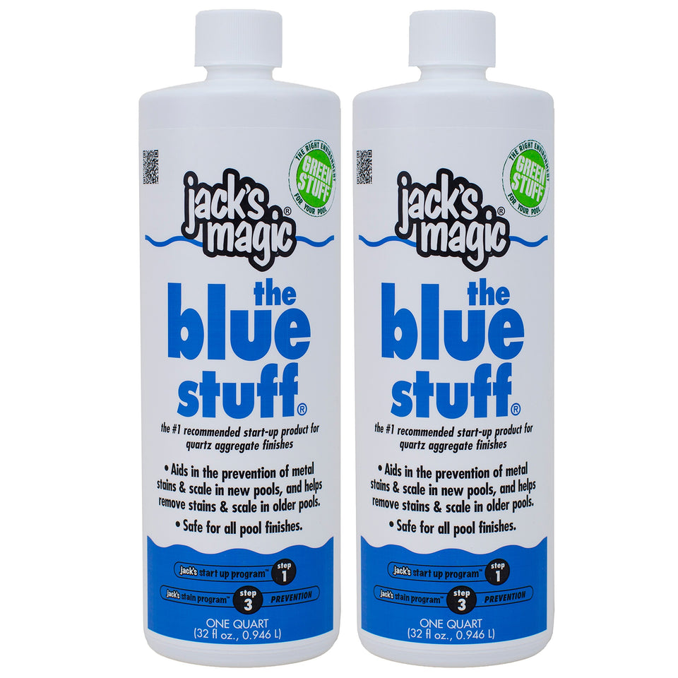 Jack's Magic The Blue Stuff bottle pour for plaster pools removes stains and reduces plaster dust.