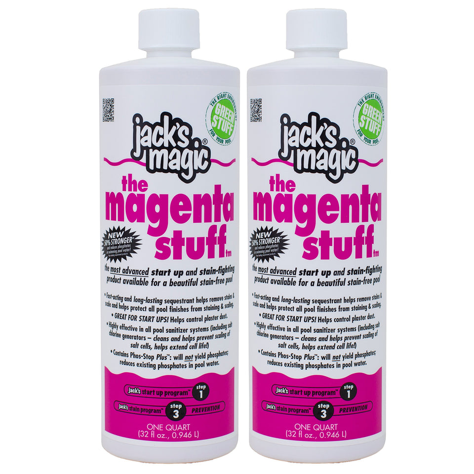 Jack's Magic The Magenta Stuff bottle pour for pool maintenance and stain prevention.