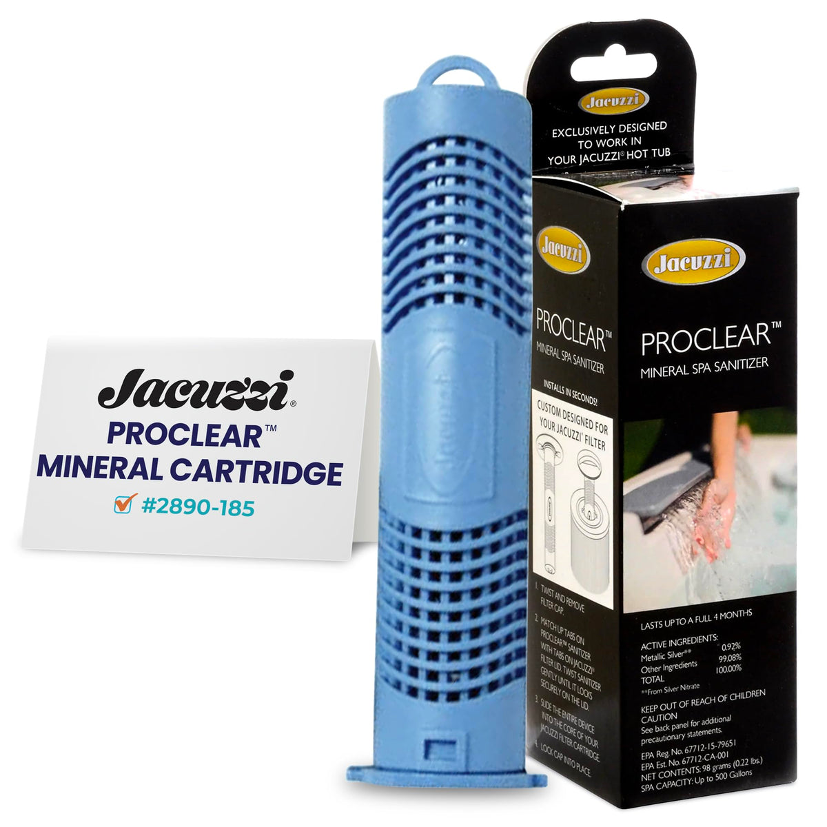 Jacuzzi ProClear mineral cartridge front view showing product in focus for clear water balance