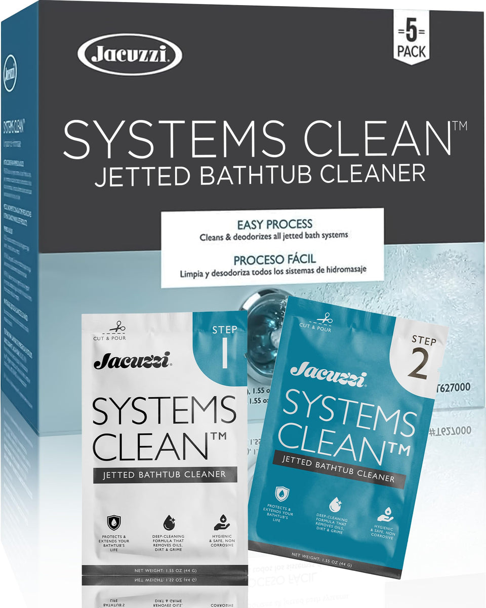 Jacuzzi Systems Cleaner bottle and packaging — convenient 2-step tub cleaning solution.