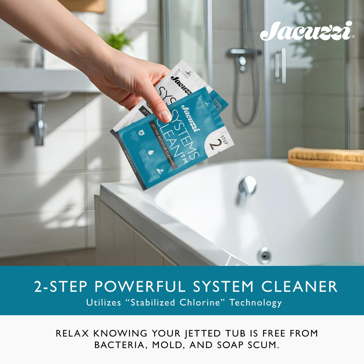 Jacuzzi Systems Cleaner pipes and jets closeup — visualizes clean, oil-free plumbing.