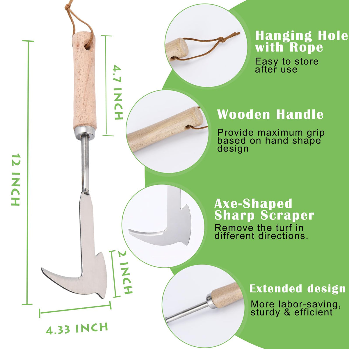 Jahenway Crack Weeder wooden handle provides a comfortable grip during gardening.