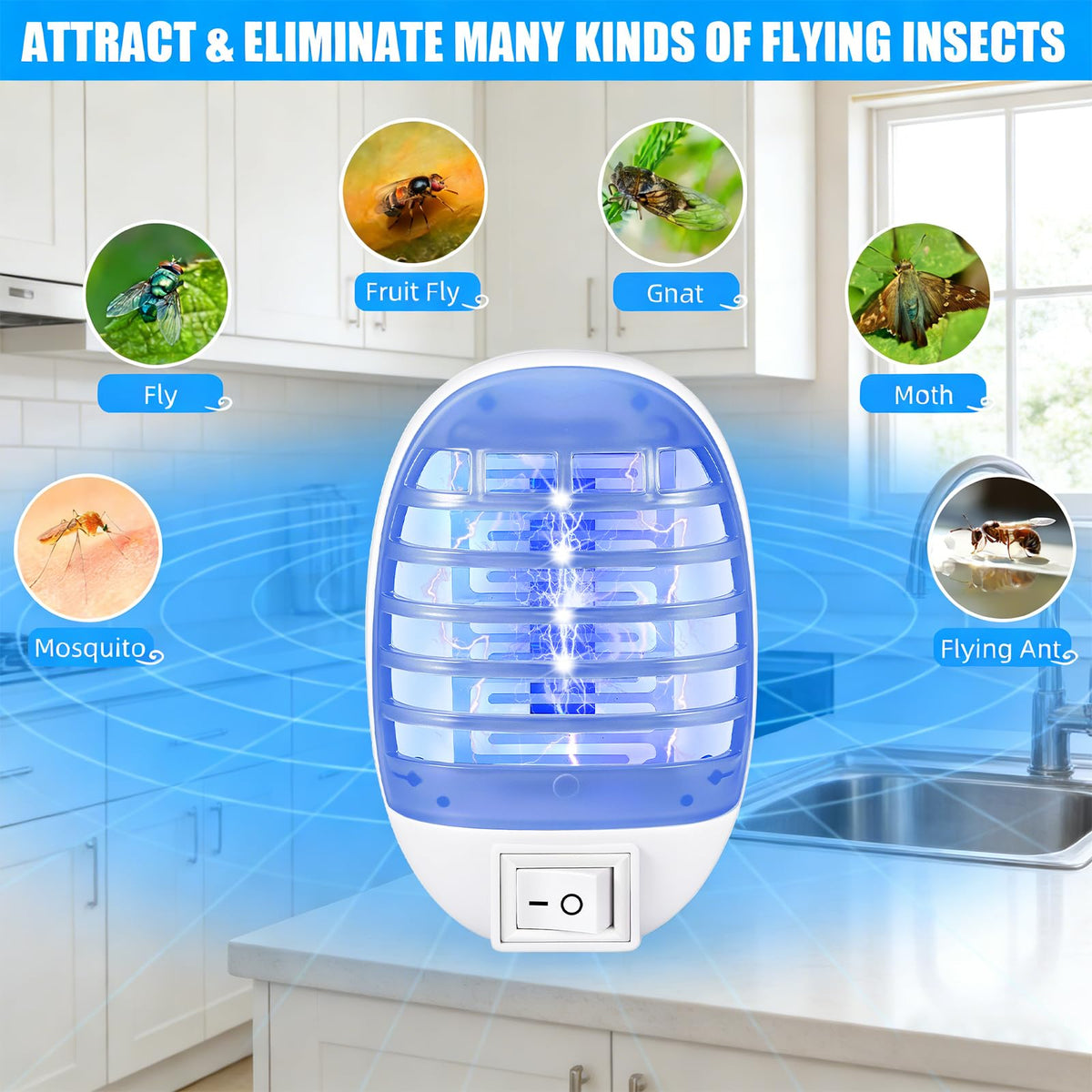 Jahy2Tech 6-pack bug zapper outlet side keeps kitchens pest-free with silent operation.