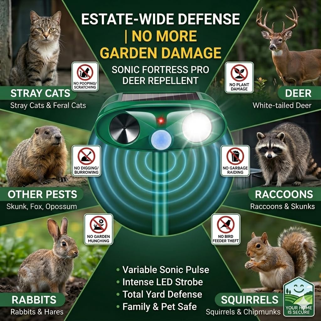 Jahy2Tech Fortress Pro yard-perimeter setup deters wildlife around flowers and feeders