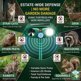 Jahy2Tech Fortress Pro yard-perimeter setup deters wildlife around flowers and feeders