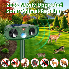 Outdoor Jahy2Tech solar ultrasonic deterrent mounted on a fence