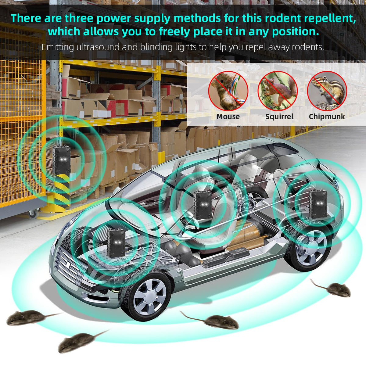 Jahy2Tech rodent deterrent with three power methods supports flexible installation.