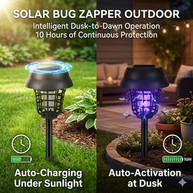 Jahy2Tech solar bug zapper night illumination over patio for chemical-free insect control.