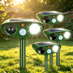Jahy2Tech Solar Ultrasonic Repeller front view showing deterrence in a garden.