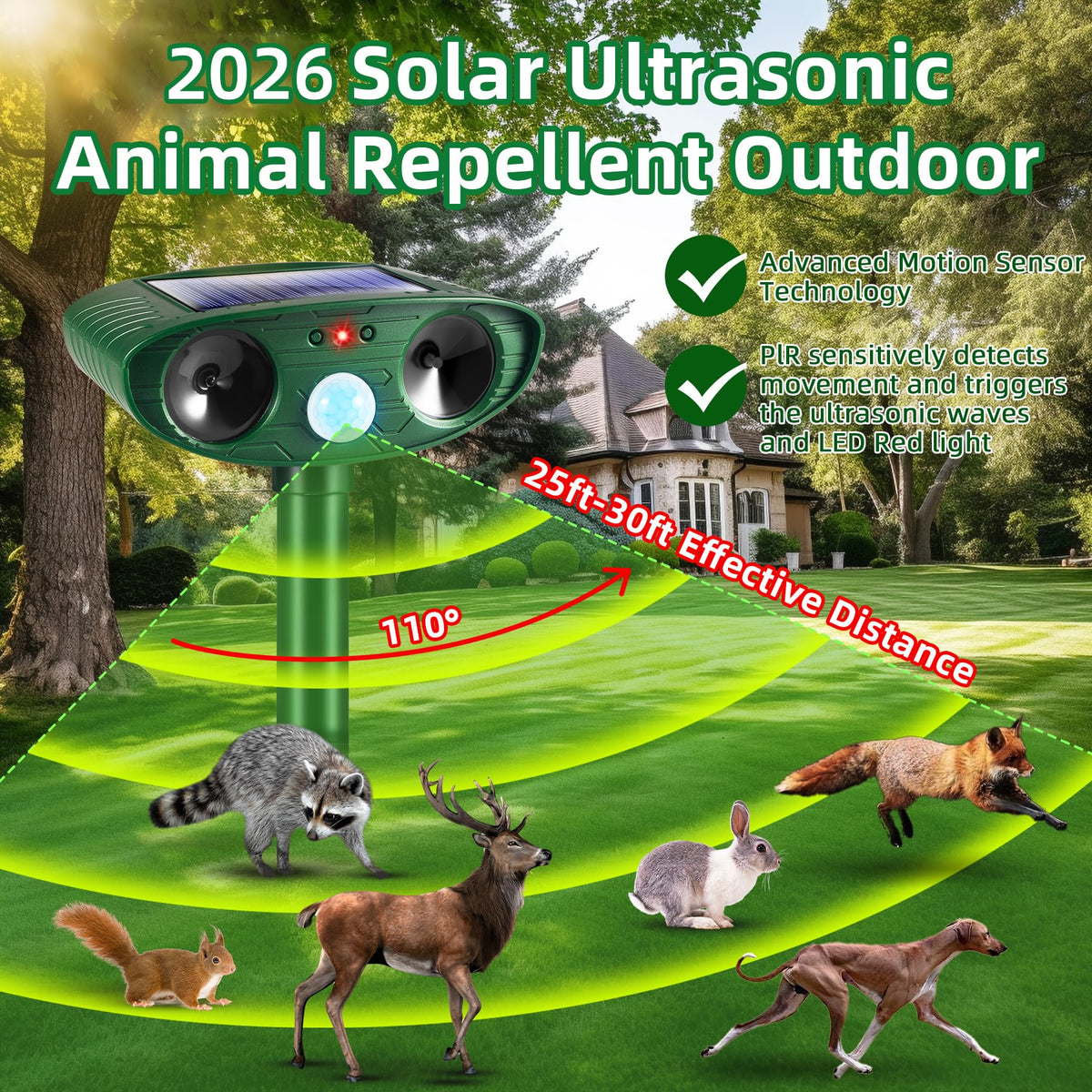 Jahy2Tech Sonic Fortress Pro mounted on fence deterring yard critters