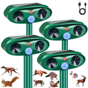 Jahy2Tech Sonic Fortress Pro solar repeller in garden, deterring deer and raccoons.