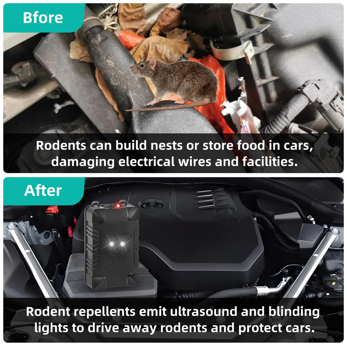 Jahy2Tech ultrasonic repellent in engine bay guards 12V vehicles quietly.