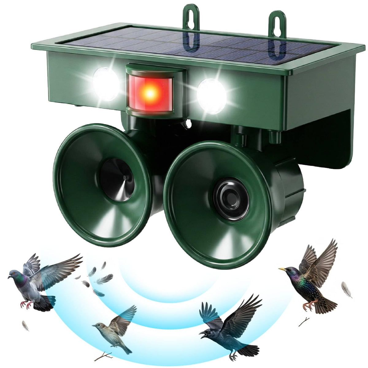 JahyElec 2026 solar ultrasonic deterrent front view reduces bird visits on exterior walls.