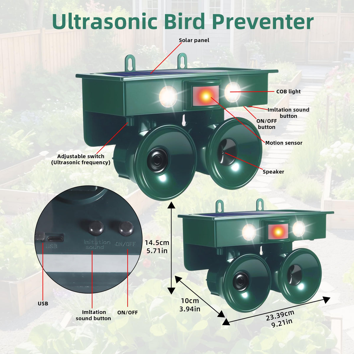 JahyElec 2026 woodpecker deterrent in action on a garden fence.
