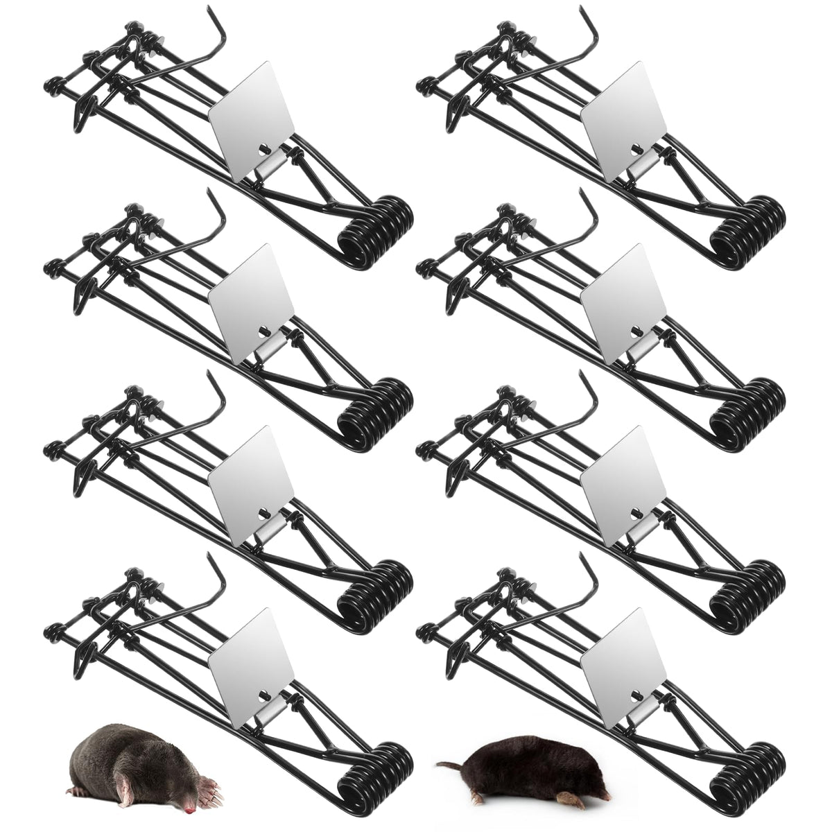JahyElec 8-pack mole and gopher trap designed for outdoor metal use, durable and reusable.