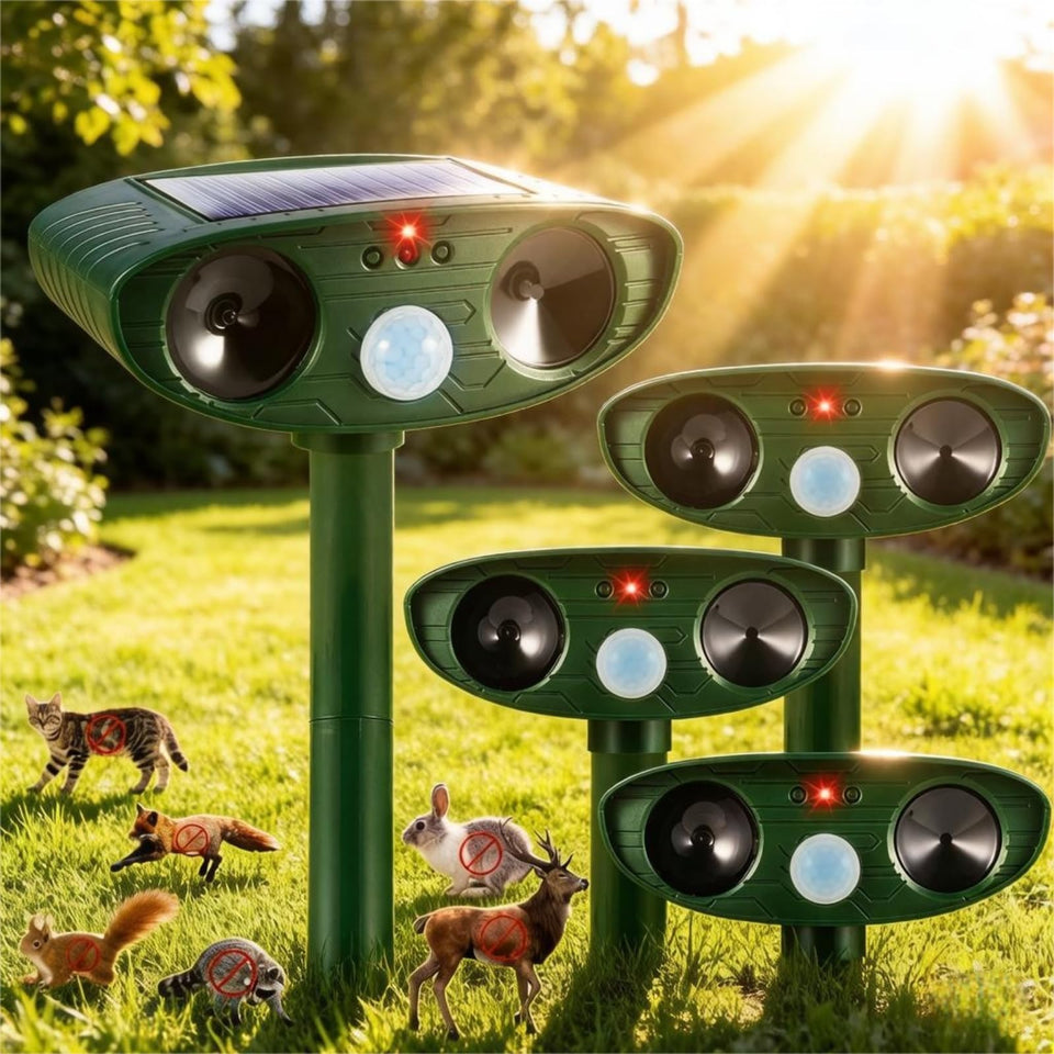 JahyElec cat repellent outdoor front view protects the garden from neighborhood cats.