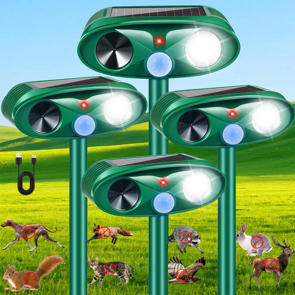 JahyElec Sonic Fortress Pro on a fence provides solar-powered deterrence for gardens.