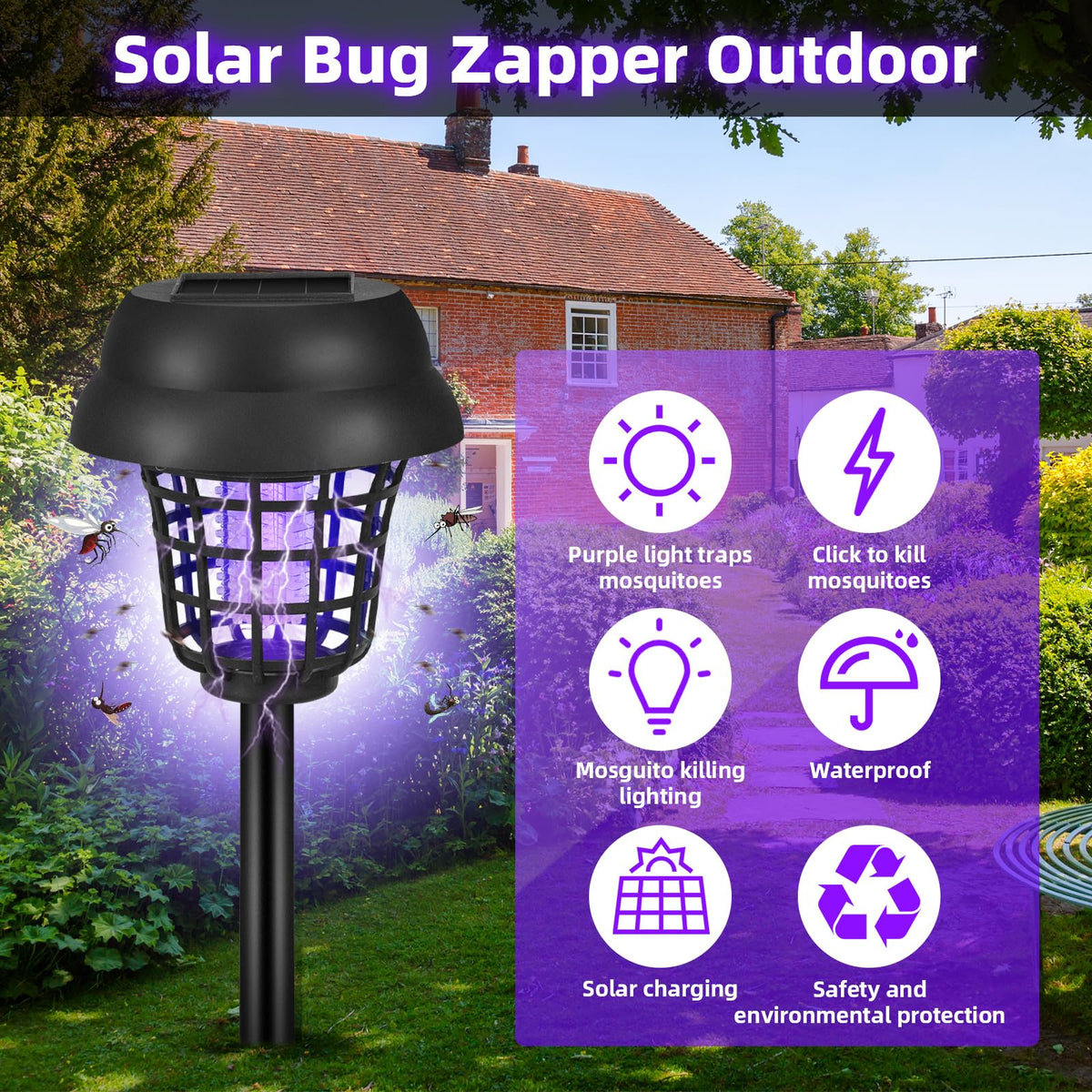 JahyElec solar bug zapper garden setup attracts and zaps flying insects nearby.