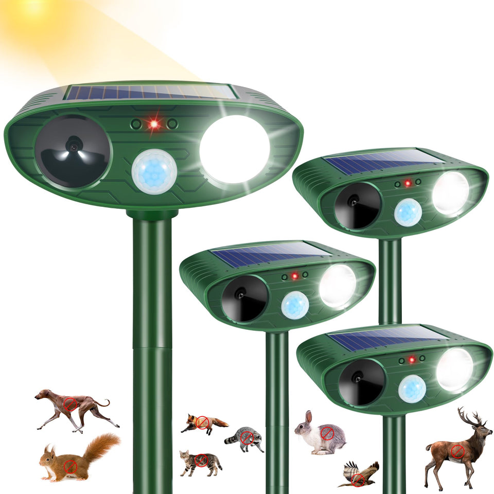 JahyElec solar panel repeller powering continuous outdoor protection for gardens.