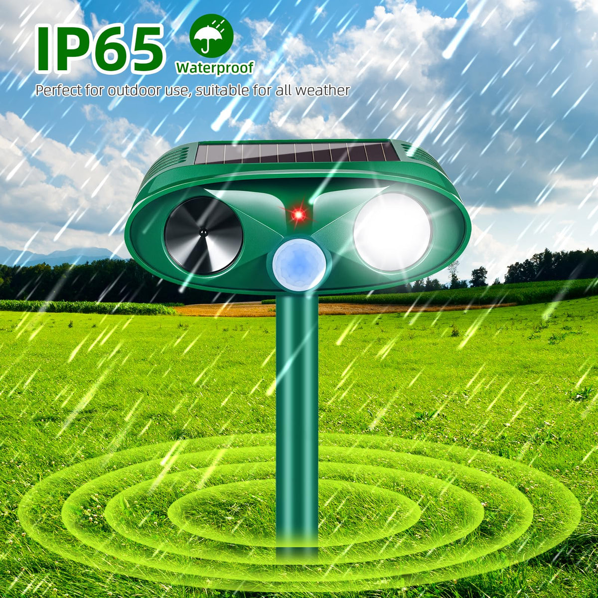JahyElec solar-powered deterrent guards a garden with humane protection.