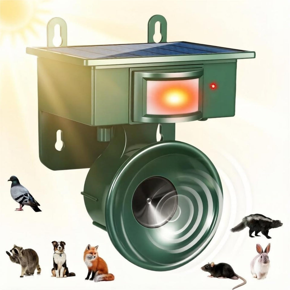 JahyElec solar ultrasonic bird repellent protects outdoor spaces.