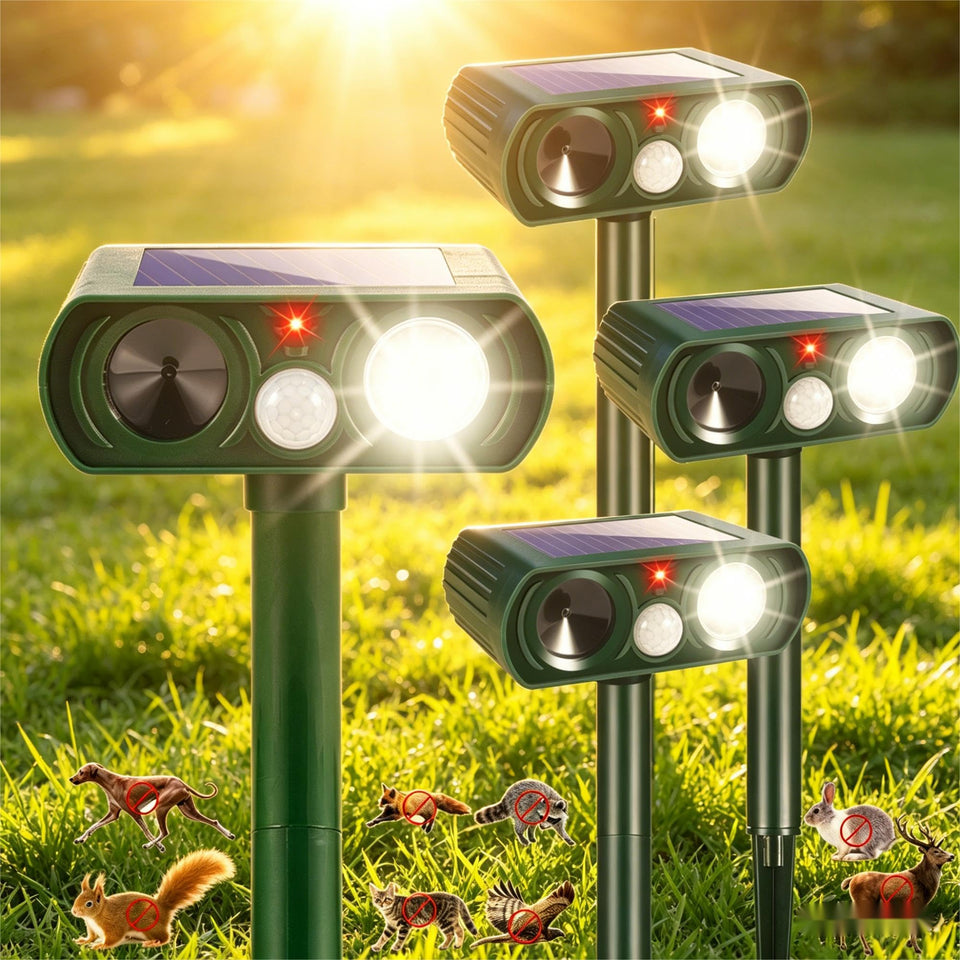JahyElec solar ultrasonic deterrent front view with active LEDs deterring garden pests