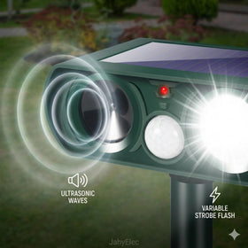 JahyElec deterrent side view showing wide 110 degree coverage for outdoor protection