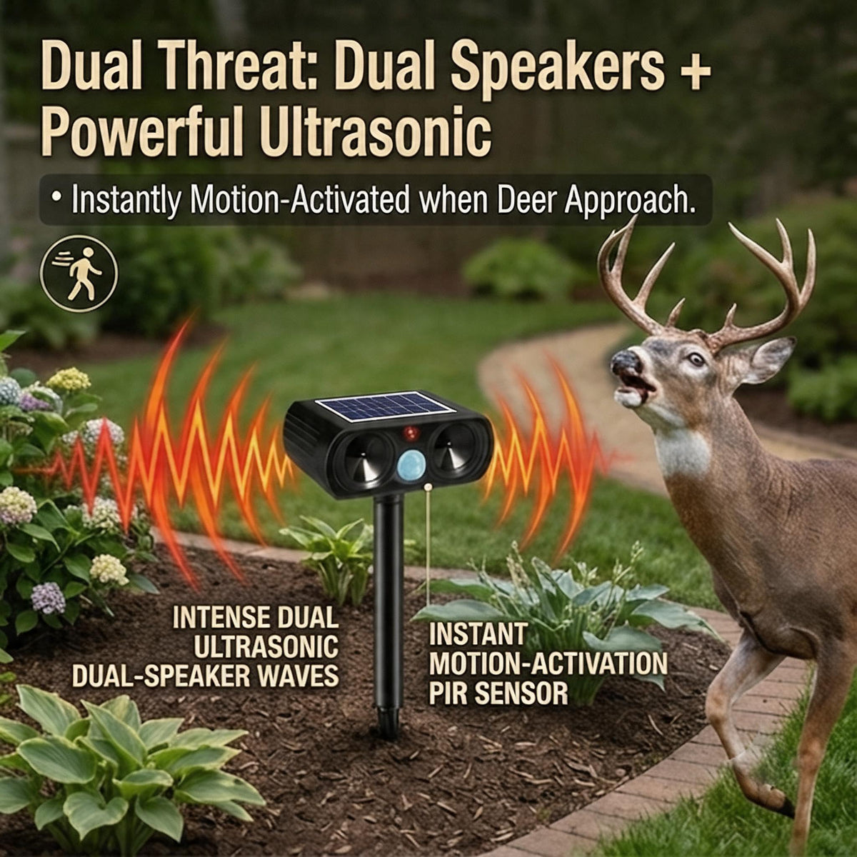 JahyElec PIR sensor unit emphasizes broad motion-triggered deterrence for landscapes.