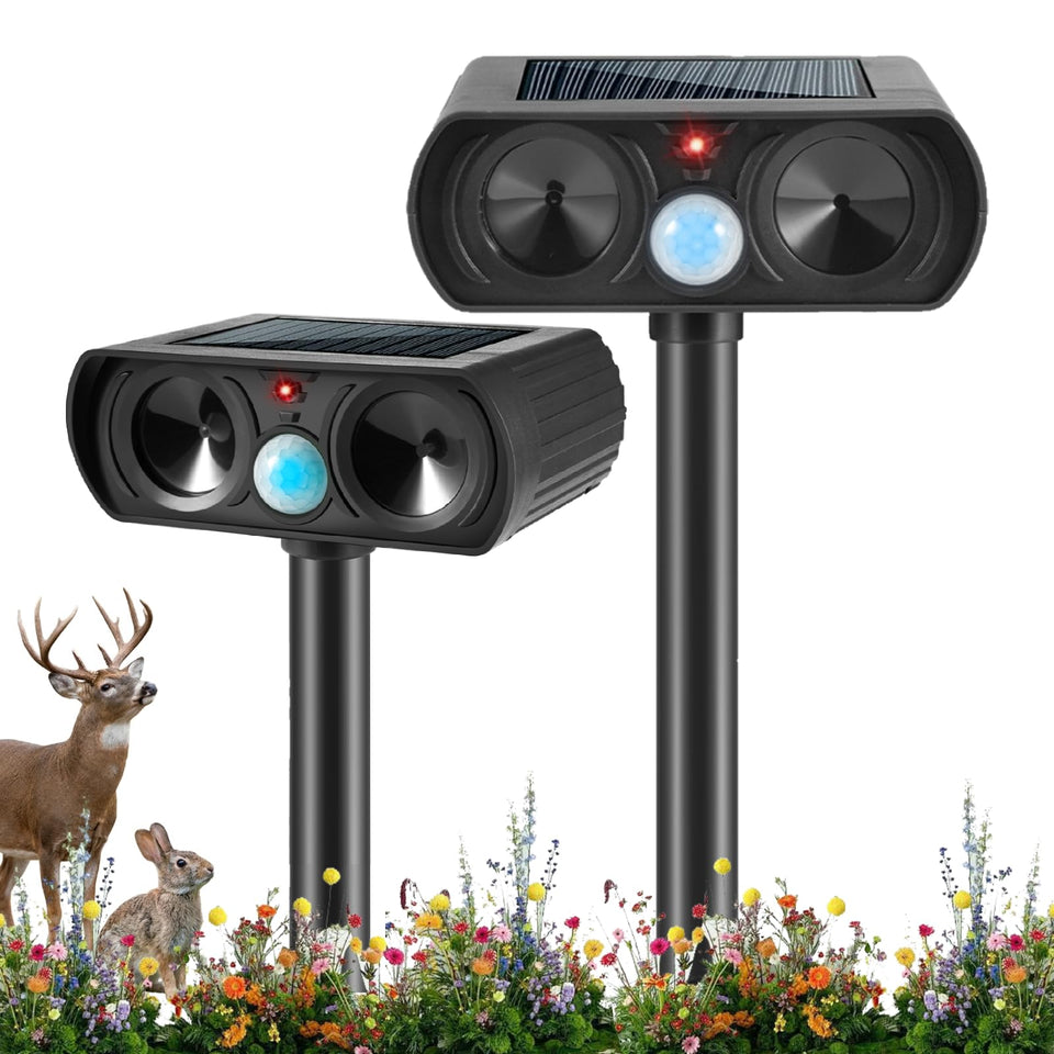 JahyElec Sonic Fortress deer deterrent front view shows compact outdoor protection for gardens.