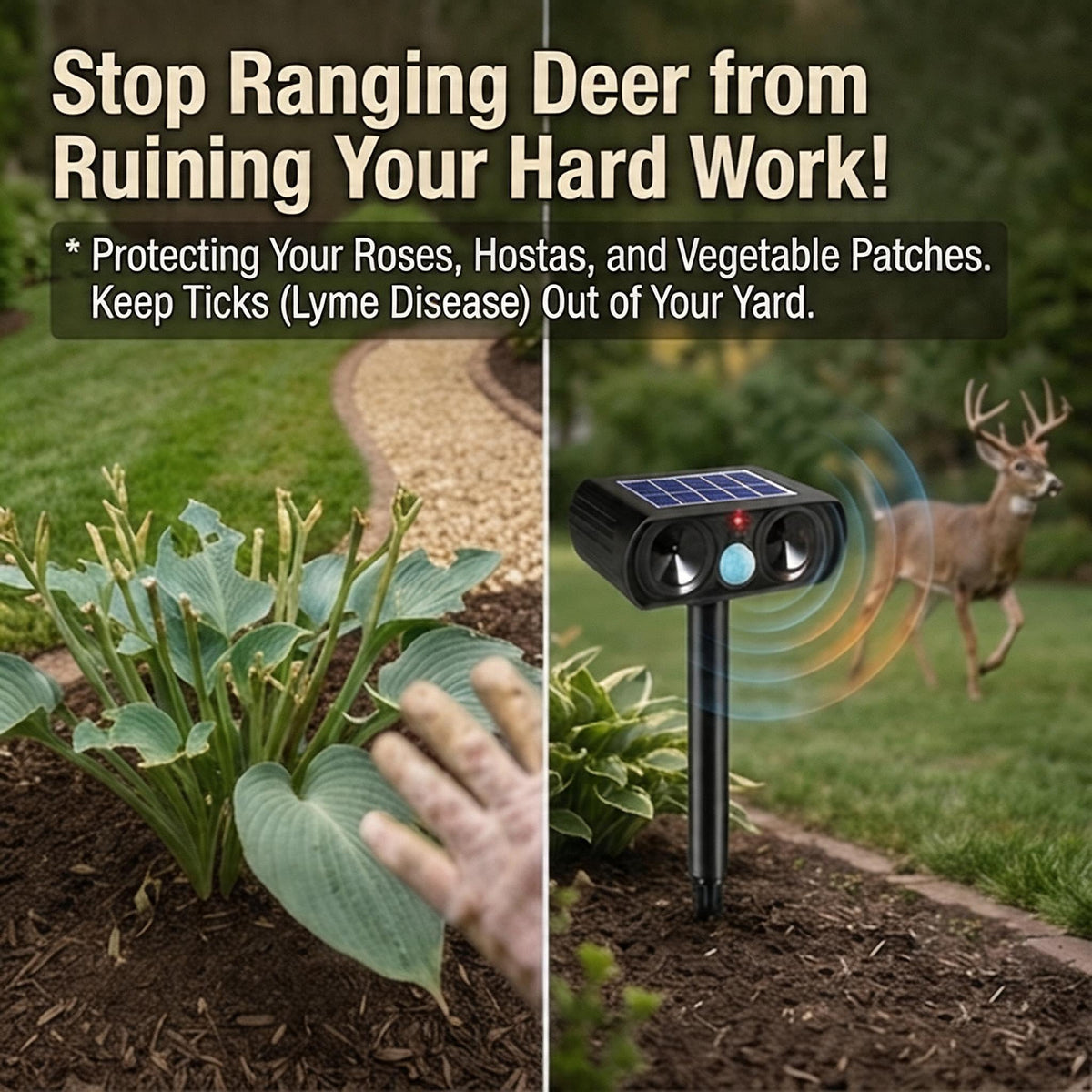 JahyElec Sonic Fortress deer deterrent side view highlights wide coverage for larger yards.