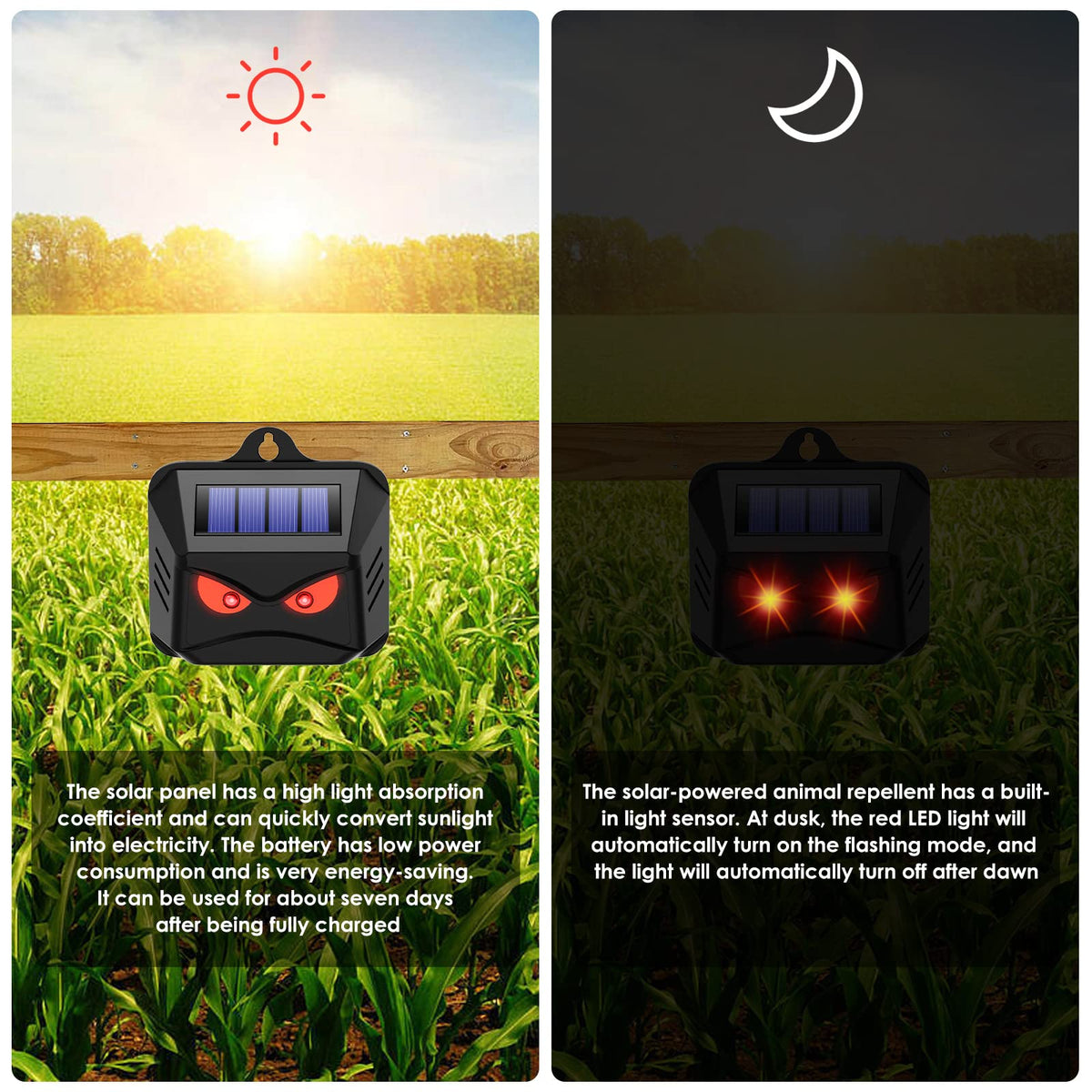 JahyElec wide-coverage deterrent protects large yards, farms, and orchards from wildlife.